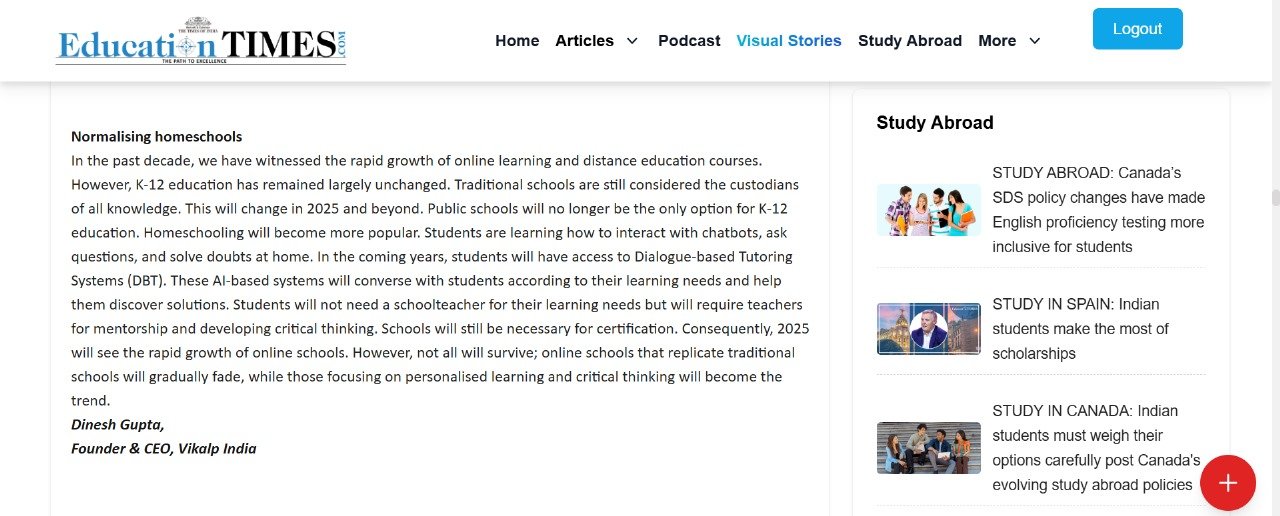 Vikalp in Media 13 Education Times Homeschooling